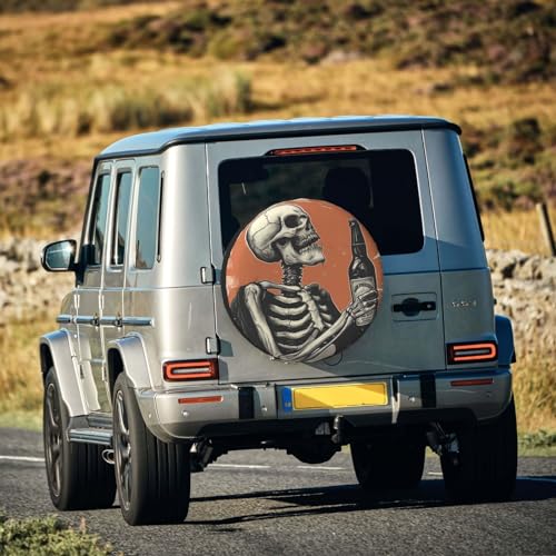 Image of Drinking Skeleton Spare Tire Cover, Universal Wheel Tire Cover Funny Skull Skeleton Tire Protectors for Trailer RV SUV Truck Camper 14 Inch
