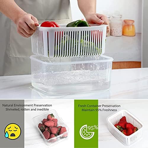Luxear Fresh Food Storage Containers for Fridge, 5 Pack Fridge Storage Keep Fresh Produce Saver Microwave Safe BPA Free with Colander, Vegetable Lettuce Salad Fruit Containers for Fridge, White