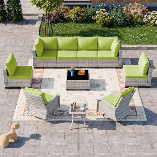 Image of 10-Piece Patio Furniture Set, Outdoor Patio Furniture with Swivel Chairs Set, Thick Cushions, Modular Patio Sofa, Dual-Strand Rattan, Rust-Resistant Frame, Grass Green