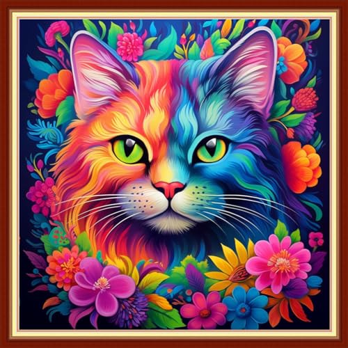 Image of Funxvoot Stamped Cross Stitch Kits Beginners Full Range of Embroidery Kits for Adults 11CT Embroidery Patterns Needlepoint Kits Printed Cross Stitch Kits - (Colorful Cat 18x18 inchs)