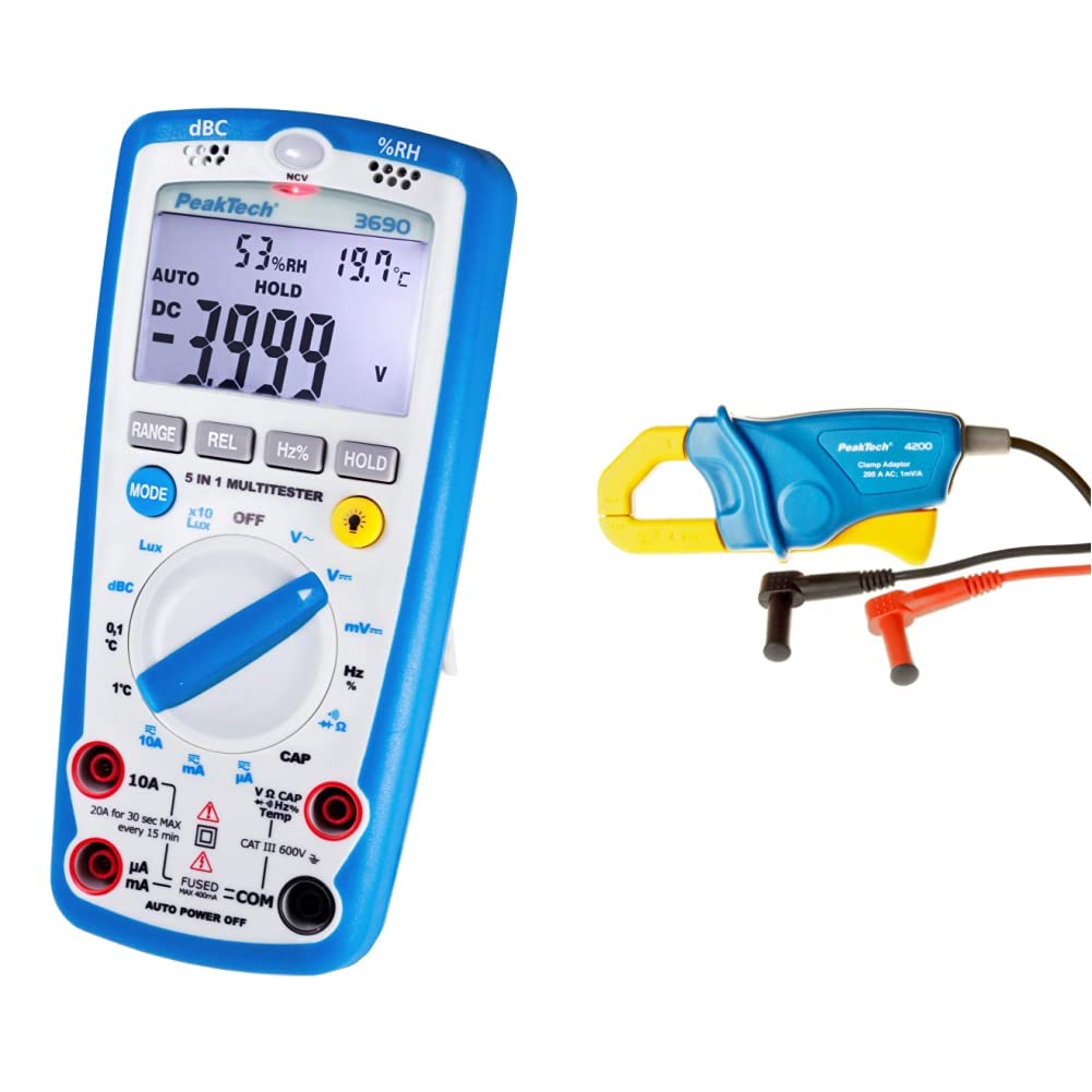 PeakTech 3690 – Digitales 5-in-1 Multimeter, Luxmeter, Schallpegelmessgerät & Stromzangenadapter 200 A AC für Digitalmultimeter, 1 Stück, P 4200, Blau