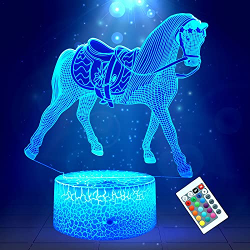Regalos de Caballo para niñas,luces nocturnas 3D para niños,Lámpara de ilusión de 16 colores que cambian con control remoto,Regalos de cumpleaños para niños,Bebés y niñas de 2-9 años