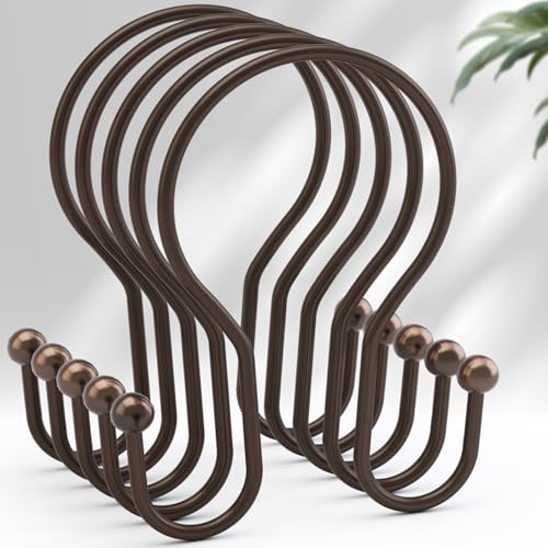 AmazerBath Bronze Shower Curtain Hooks Shower Curtain Rings Simple Double Hook Shower Curtain Hooks Rust Proof Metal Smooth Glide Shower Hooks for Shower Curtain Rod 12 Pcs Shower Rod Hooks
