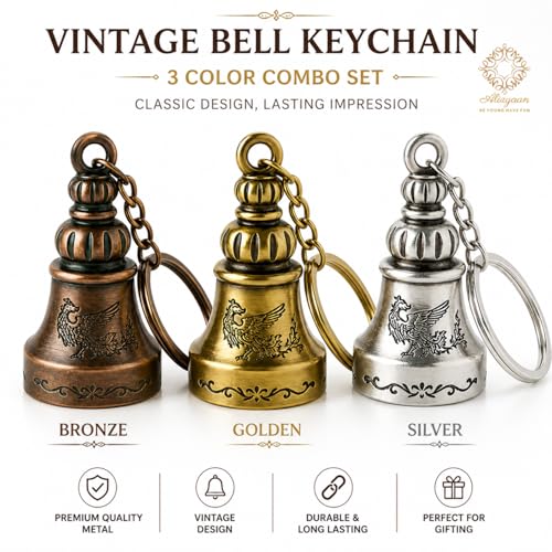 Image of Vintage Bell Keychain, Bronze, Golden and Silver, Premium Metal, Griffin Engraved, 3 Color Combo Set. Antique Vintage Design Keychain for Car, Bike, Bags & Gifts