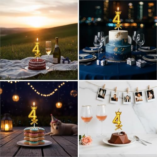 Image of Rozi Decoration Number 4 Birthday Candle for Cake with Crown Design | Gold Metallic Number Candle with Stick | Fourth Birthday Cake Topper for Baby, Kids and Party Celebration