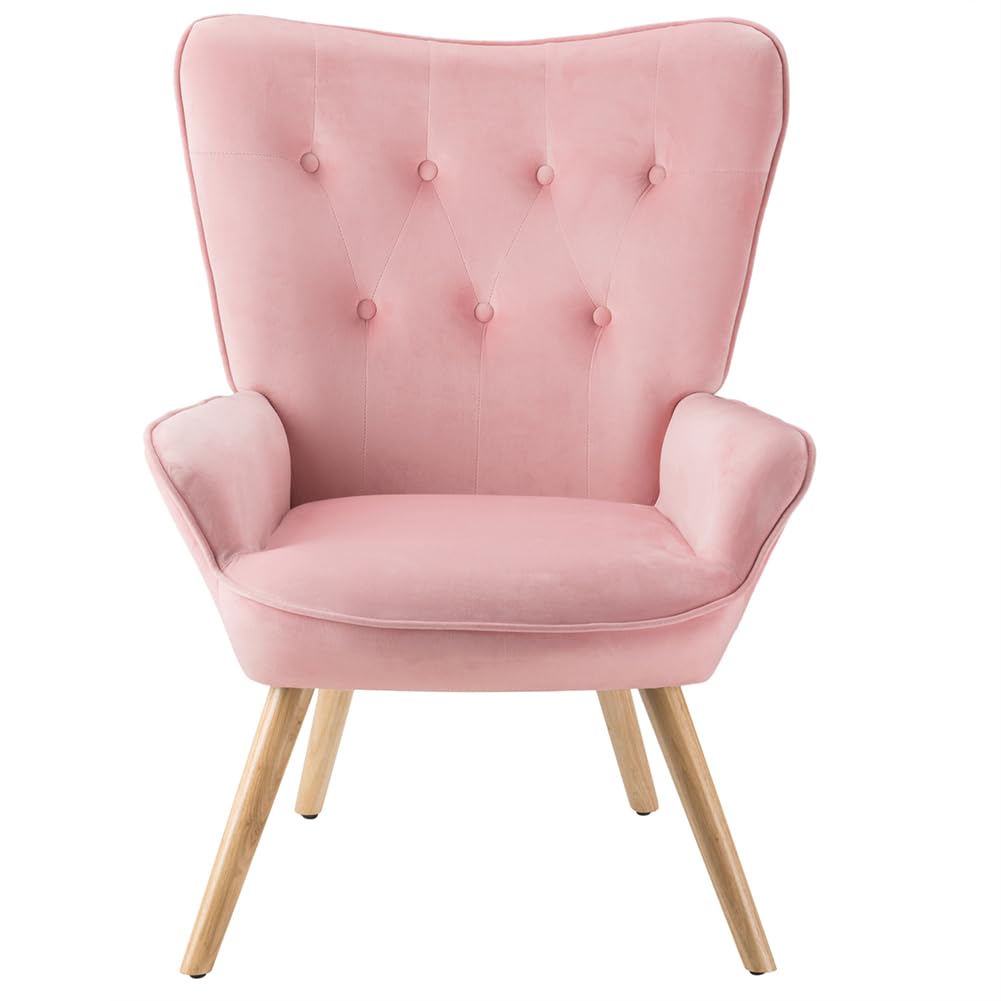 BAKAJI Poltrona con Sgabello da Soggiorno, Poltroncina con Pouf Poggiapiedi da Salotto, Sedia per Camera da Letto Imbottita con Rivestimento in Velluto Morbido, Braccioli Alti, Design Moderno (Rosa)