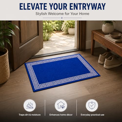 Image of Matz&More Greek Single Line Floor Mat | 40x60 CM | Blue White | Nylon Tufted Gel Baking Anti-Slip | Doormat for Home Entrance, Kitchen & Bedroom