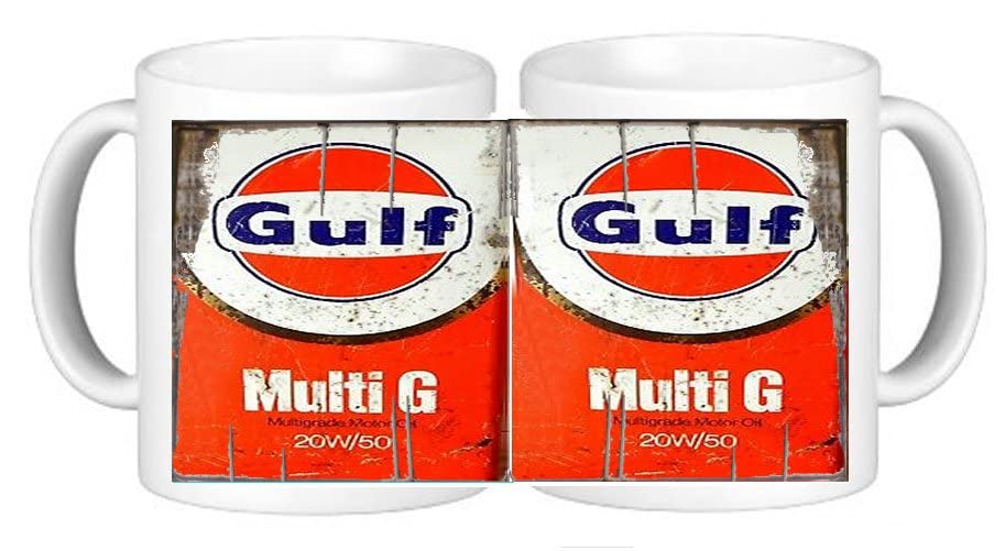 Retro Oil Cans on Ceramic Mugs Gulf Multi G Multigrade Motor Oil