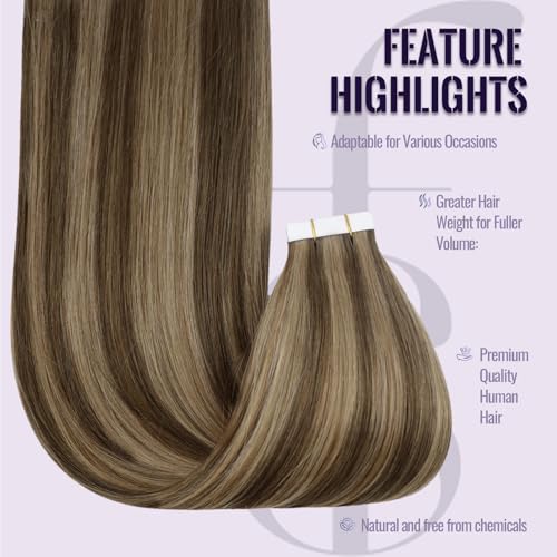 Fshine Real Human Hair Tape in Extensions,20 Inch 20 pcs 50 g,Seamless Tape in Hair Extensions Human Hair,Color 4P27 Medium Brown Highlight Honey Blonde,for Women - Image 3