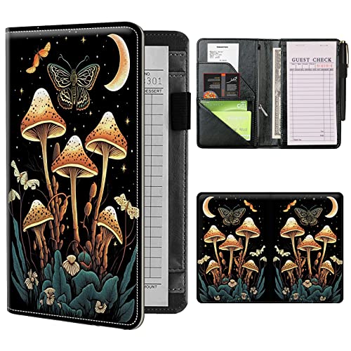 Server Books for Waitress Waiter with Zipper Pocket, Mushroom Moth Moon Leather Server Pads Waitstaff Organizer Guest Check Presenters Server Wallet Money Holder Pouch Fit Apron