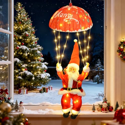 Qoosea Weihnachtsmann Fallschirm Lichterkette, 63CM 88 LED Weihnachten...