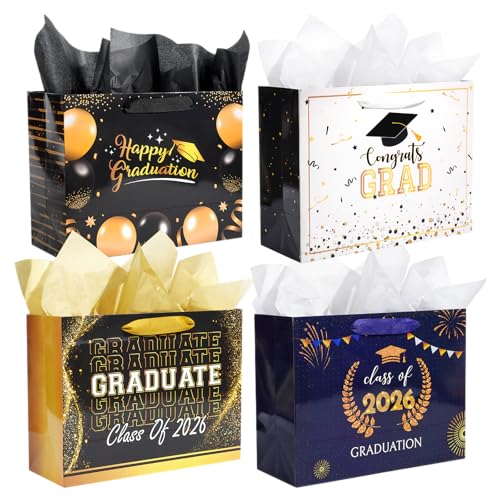 Nihuecne 13 Graduation Gift Bags with Tissue Paper 4 Pack Paper Gift Bags with Handles for College & High School Graduates Grad Party 4 Designs