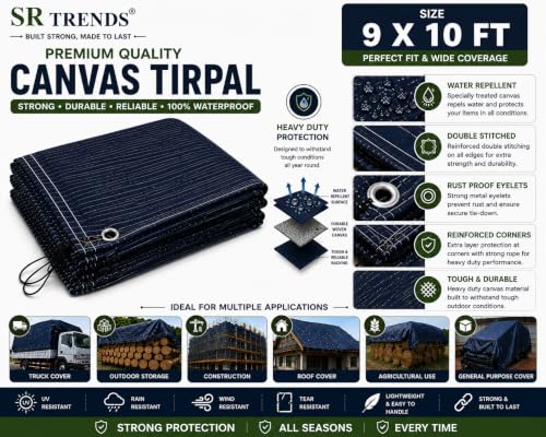 Image of 1200 GSM Heavy Duty Canvas Tarpaulin | 100% Waterproof Resistance, UV Resistant, Tear Proof Tarp with Reinforced Edges & Eyelets for Truck, Outdoor, Construction (Blue, 9 X 10 FT)