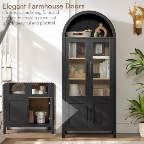 Image of 71 inch Tall Arched Display Cabinet, 5-Tier Bookshelf Modern Farmhouse Arched Bookcase with Glass Doors and Shelves, Wooden Pantry Storage Cabinet for Living Room, Office and Kitchen, Black
