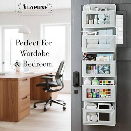 Image of CLAPONE Over the Door Organizer /Large Pockets - Anti-Tilt Hanging Storage for Bedroom /Closet Door Storage /Bathroom /Pantry /Nursery /Bedroom (Grey, 5 Shelf Hanging Door)