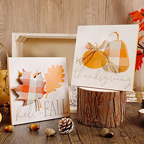 Adroiteet Herbstdekorationen, 2er-Set Wandkunst, Tischrahmen, Happy Thanksgiving Hello Fall Kürbis Ahornblätter Holzschild Tafelaufsätze für Zuhause Küche Zimmer Cover