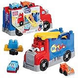 MEGA BLOKS First Builders Toddler Building Blocks Toy Set, Build & Race Rig with 19 Pieces, 2 Race Cars and Storage, Red, Ages 1+ Years