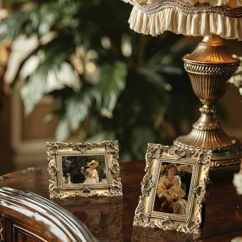 Image of eletecpro 2x3 Vintage Picture Frame with Real Glass Cover, Ornate Antique Photo Frame, Display 2x3 Picture for Tabletop or Wall Hanging, Gold Home Decor for Gallery Art