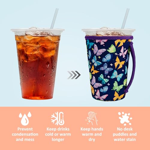 Image of KJQJLY 3 Pack Reusable Iced Coffee Sleeves for Iced Coffee Cups or Drinks Reusable Neoprene Insulated Sleeves for Hot and Cold Drinks from Starbucks, Dunkin, And More (Dark butterfly)