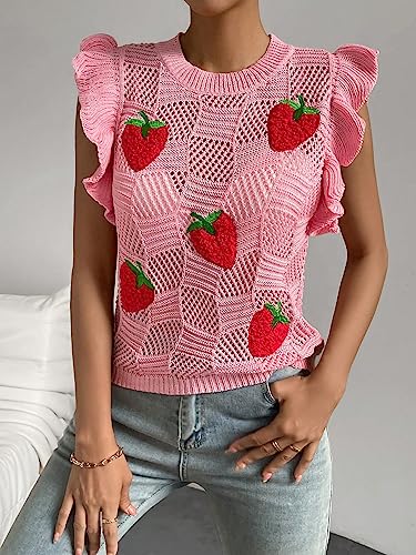 Milumia Women's Strawberry Sweater Vests Ruffle Trim Sweater Tank Top Crew Neck Knit Vest3
