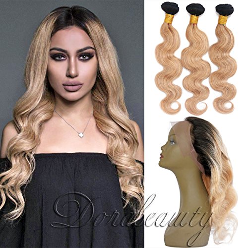 DoraBeauty Ombre 2 Tone #1B/27 Brazilian Virgin Human Hair Bundles with 360 Lace Frontal 22"24"26"+20" Body Wave