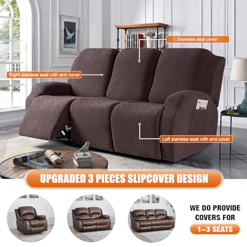 Image of VANSOFY Recliner Cover, 3-Pieces Stretch Reclining Couch Covers with Pockets Reclining Sofa Slipcovers 3 Seater Soft Washable Furniture Protector for Dogs Cats(Dark Coffee)