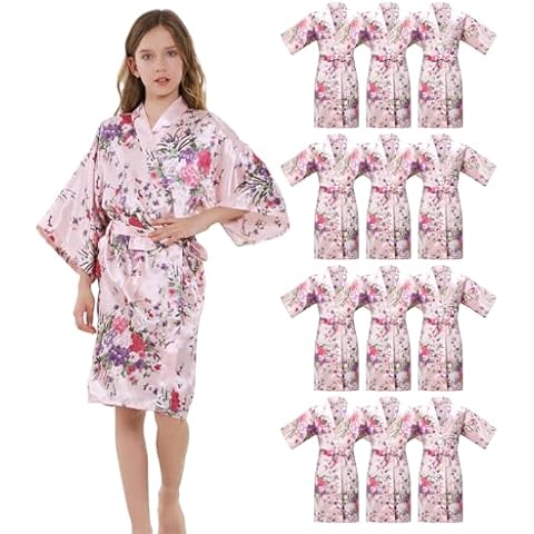 ALHAVONE 12 Pieces Girls Kids Silky Satin Solid Color Short Kimono Robes for Wedding Birthday Slumber Spa Party (Pink, 10) Cover