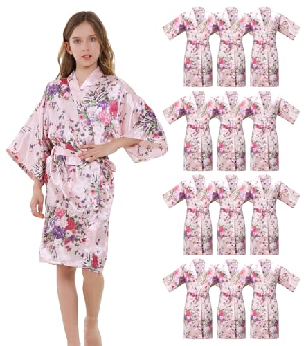 ALHAVONE 12 Pieces Girls Kids Silky Satin Solid Color Short Kimono Robes for Wedding Birthday Slumber Spa Party (Pink 8)