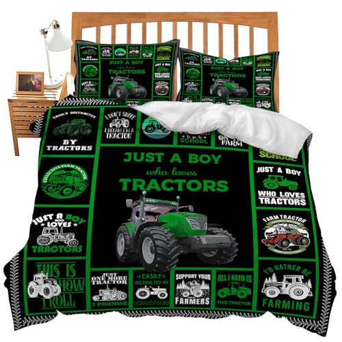 Tractor Bedding Set Just a Boy Who Loves Tractors Theme Comforter Set Covers for Kids Boys Teens Green Tractors Duvet Cover Bedroom Decor Soft Full Size Quilt Cover with 2 Pillowcases