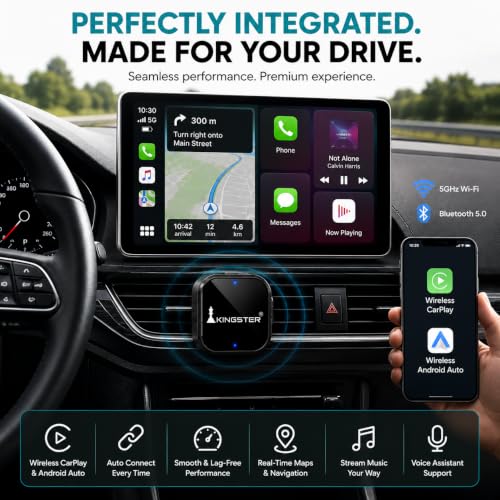 Image of KINGSTER 2-in-1 Wireless CarPlay Adapter & Android Auto Adapter | Convert Wired to Wireless | Bluetooth 5.0 + WiFi | Plug & Play | Fast Auto Reconnect (AutoLink Pro)