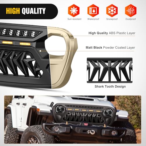 Image of Nilight Front Grille Cover for 2018 2019 2020 2021 2022 2023 2024 2025 Wrangler JL and Gladiator JT with LED Amber Lights Matte Black