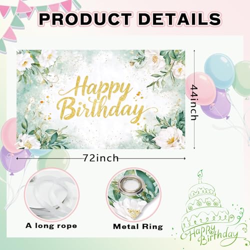 Image of Sage Green Birthday Decoration Backdrop 72X44inch Banner Greenery Eucalyptus Leaves Flower Floral Birthday Party Banner Background Party Decorations for Women Adults Girls