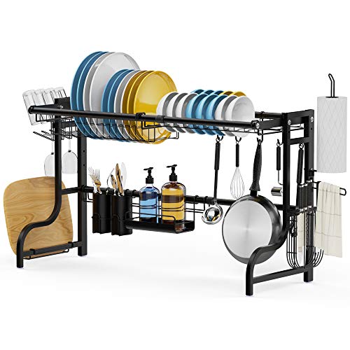 Over The Sink Dish Drying Rack, Cambond Width Adjustable Large Dish Rack Rustproof 201 Stainless Steel Dish Drainer with Cup Holder and Paper Towel Holder (Sink Size ≤ 35.4 in), Black Over The Sink Dish Drying Rack, Cambond Width Adjustable Large Dish Rack Rustproof 201 Stainless Steel Dish Drainer with Cup Holder and Paper Towel Holder (Sink Size ≤ 35.4 in), Black