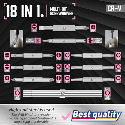 Image of Amartisan 18-in-1 Multi-bit Screwdriver Set | Portable Multi-Purpose Screwdriver, Slotted /Philips /Pozi /Torx /Square,Nut Driver (Pink)