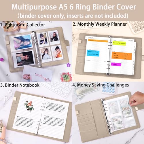 Image of Antner A5 Notebook Binder with 6-Ring Photocard Cover, PU Leather Refillable Budget Binder Loose Leaf Personal Organizer, Magnetic Buckle, Glitter Gold