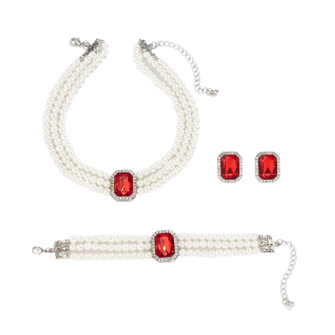 Conjunto de Joyas Perlas Mujer 3 Piezas Multicapa Collares y Pulseras de Perlas Pendientes de Cristal Geométricos Vintage Juego de Joyas para Fiestas Bailes de Graduación Bodas Festivales