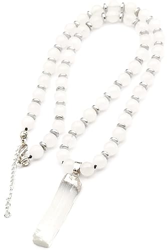 ElisaJewelryArt - Natural Raw Selenite Crystal Beaded Choker Necklace Genuine Gemstone Memory Stone Clasp Closure Necklace Unisex Necklace (26, Raw