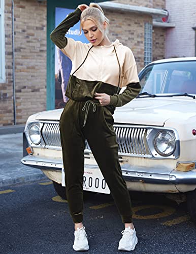 Hotouch 2 Piece Tracksuit For Women Set Casual Color Block Jogger Set Velour Pullover Hoodie & Sweatpants Outfit Set Army Green M #TOP2