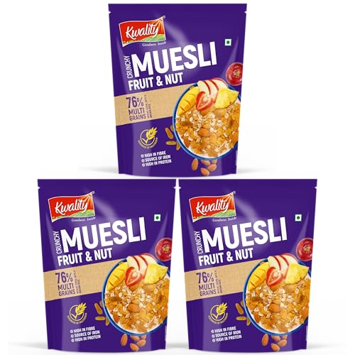 Image of Kwality Muesli Fruit N Nut, 75g (Pack of 3) | 76% Multi Grains, No Maida, Natural Source Of Vitamin & Iron, High In Protein & Fiber, Low Fat & Cholesterol, Healthy Breakfast Cereal (75g x 3)