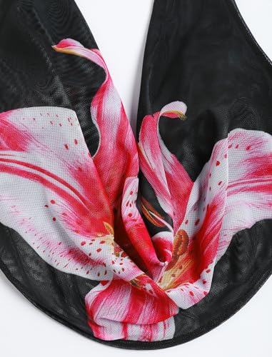 Image of ZAFUL Women's 3 Piece Floral Swimsuit Draped Neck Halter Bikini Tie Side Bathing Suit with Sheer Cover Up Skirt