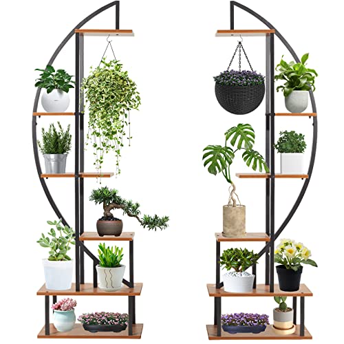 Aurgod 2 Pcs 6 Tier Metal Plant Stand Plant Stands For Indoor Plants Multiple, Plant Shelf For Planter Display With 2 Hooks, Half Moon Plant Stand For Living Room, Balcony, Patio(Without Wheels) #TOP6