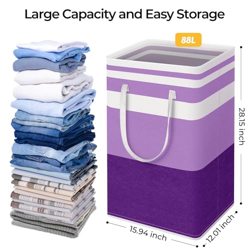 HomeHacks 2 Pack Large Laundry Baskets, Waterproof, Freestanding Laundry Hampers, Collapsible Clothes Hamper with Reinforced Handles in Laundry, College Dorm, Bathroom, Bedroom (Purple, 88Lx2)