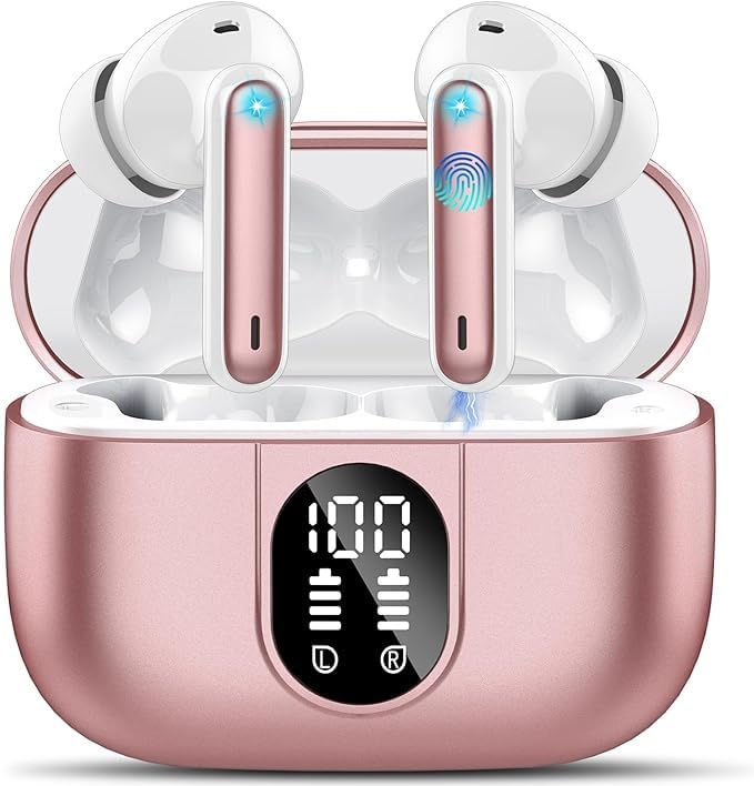 Wireless Earbuds, Bluetooth 5.3 Headphones In Ear with 4 ENC Noise Cancelling Mic, 40H Playtime Bluetooth Earphones, Mini Deep Bass Stereo Ear Buds, IP7 Waterproof Wireless Headphones, LED Display