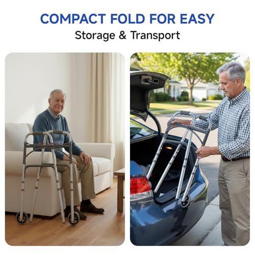 Image of Loyoda Folding Walker with Tray for Seniors, Walker with 5 inch Front Wheels | Lightweight Aluminum 2-Wheel Walker, Height Adjustable Standard Walkers, 350 lbs
