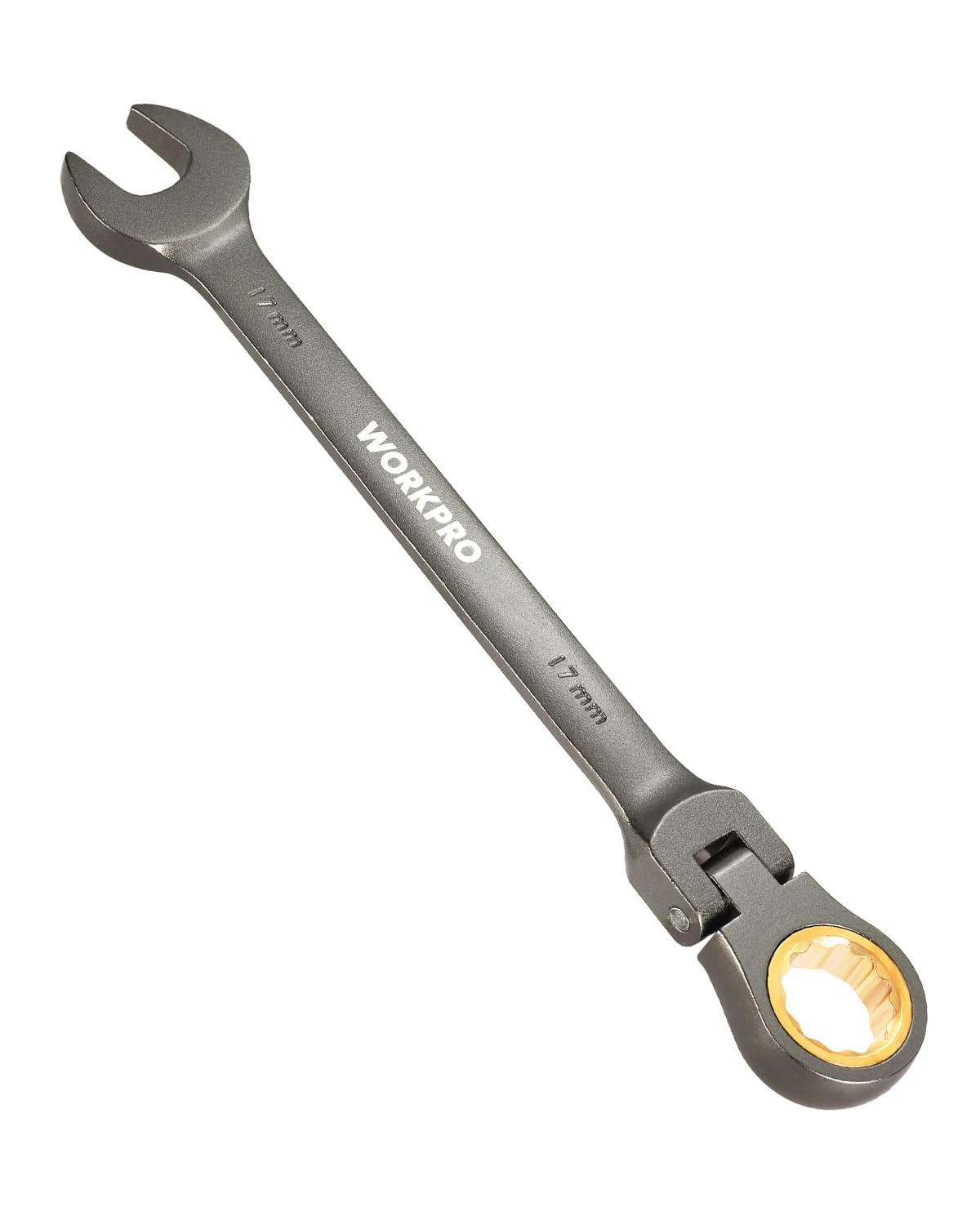 WORKPRO 17 mm Flex-Head Ratcheting Combination Wrench, Cr-V Constructed, Nickel Plating, 72-Teeth, 12 Point Design, Metric