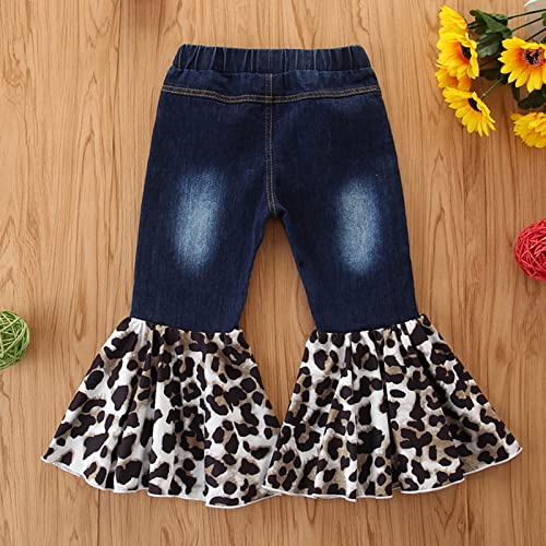 Kids Girls Leopard Print Flare Jeans Toddler Vintage Bell Bottom Pants Washed Denim Pants 1-6Y3