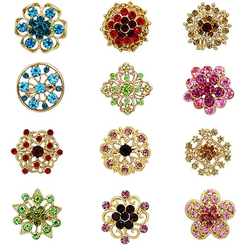 Image of Gaomumu 12PCS Rhinestone Button Brooches, Alloy Crystal Floriated Brooch Pins for Women Scarves, Shirts, Hats, Wedding Bouquets and Anniversary Decorations(Colourful)