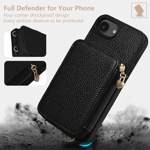 Keallce Case for iPhone 16e 2025 6.1\'\' Case Wallet, Crossbody Zipper with RFID Blocking Card Slots Kickstand,Handbag Zipper Flip Cover with Wrist Strap for iPhone 16e Men Women, Black - Thumbnail 7