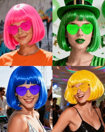 Image of Colorful Bob Wigs with Heart Sunglasses, Neon Colored Funny Wigs for Party