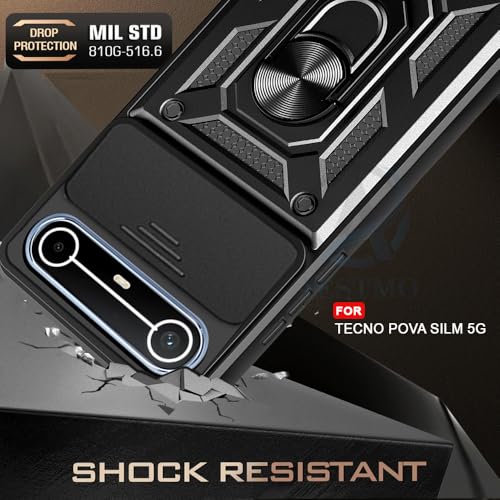 Image of AESTMO Tough Armor Tecno Pova Slim 5G Bumper Back Case Cover | Ring Holder & Sliding Camera Shield Cover | 360 Degree Protection Back Case Cover for Tecno Pova Slim 5G (Black)